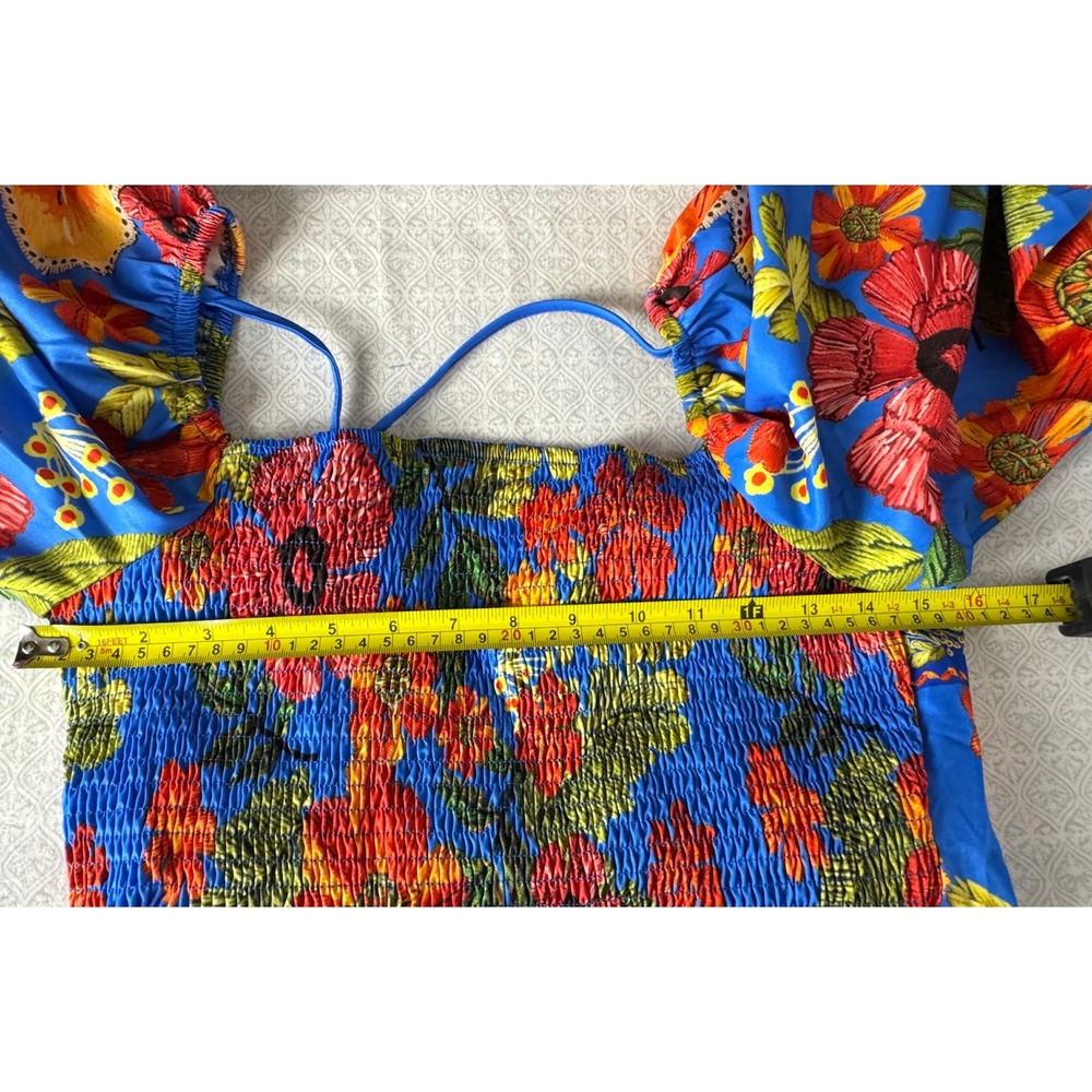 Blue Tropical Floral Smocked‎ Back Puff Sleeve Mini Dress Large - Picture 8 of 10